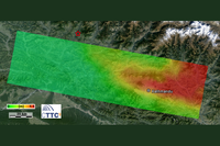 Mapa de deformació co-sísmica del terratrèmol del Nepal (25 d’abril de 2015) superposat a una imatge de Google Earth. L’estrella vermella indica la posició de l’epicentre del terratrèmol