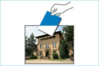 Imatge del rectorat de la UPC envoltat gràficament com una urna electoral