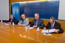 D'esquerra a dreta: Jordi Quer, ex-degà de l'FME; el rector Enric Fossas; Jaume Franc, nou degà de l'FME, i el Secretari General de la UPC, Francisco Javier Navallas, durant l'acte de nomenament del 12 de març