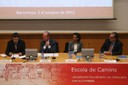 D'esquerra a dreta, el nou director de l'Escola de Camins, Sebastià Olivella; el rector de la UPC, Antoni Giró; la secretària general de la Universitat, Ana Abelaira, i Antonio Huerta, fins ara director de l'ETSECCPB, durant l'acte de presa de possessió. 