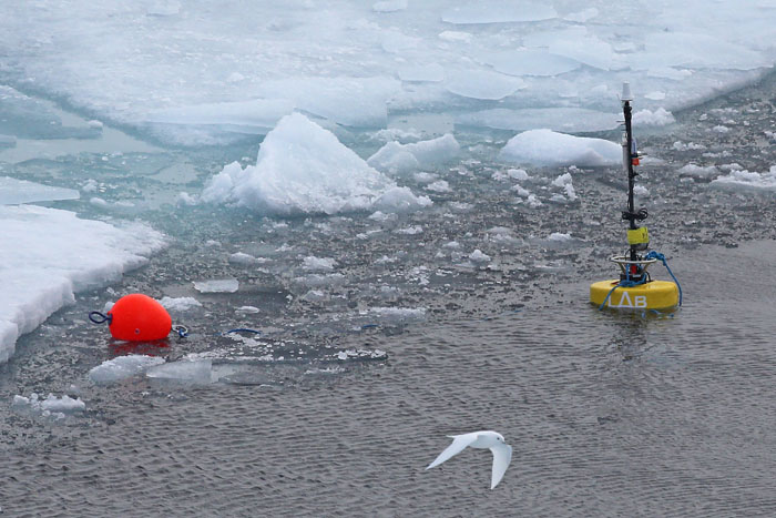 un dels 10 hidròfons de la upc (que incorpora una boia) que s&rsquo;hi han instal&middot;lat arreu de l&rsquo;Àrtic